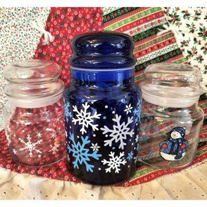 SET/3 Vintage Snowman Snowflake Canisters Mismatched Set Libbey & Anchor Hocking